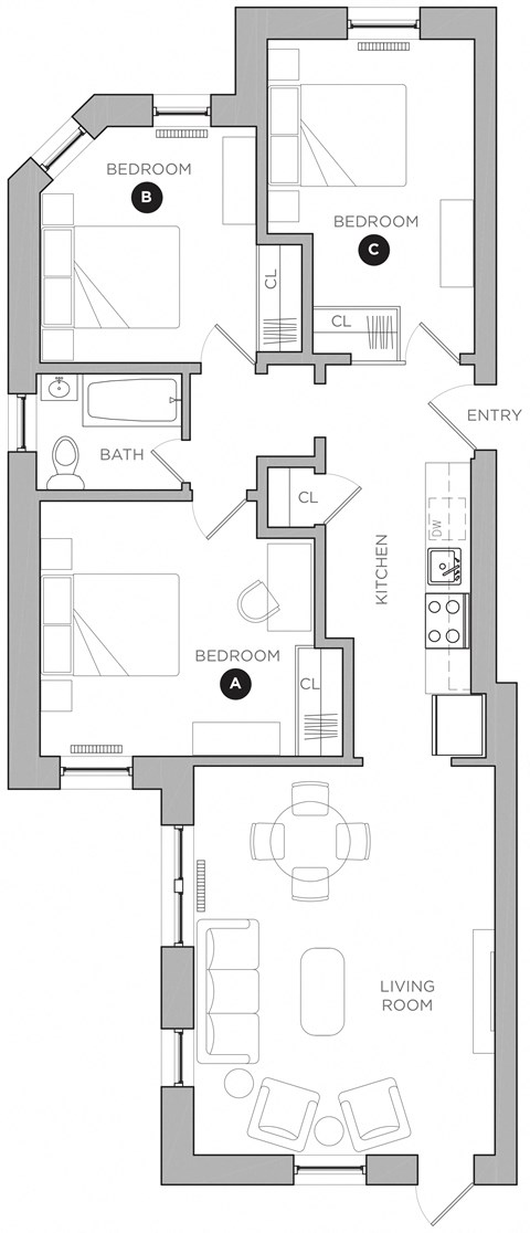 Floor plan for 3 beds, 1 bath, 438 sqft